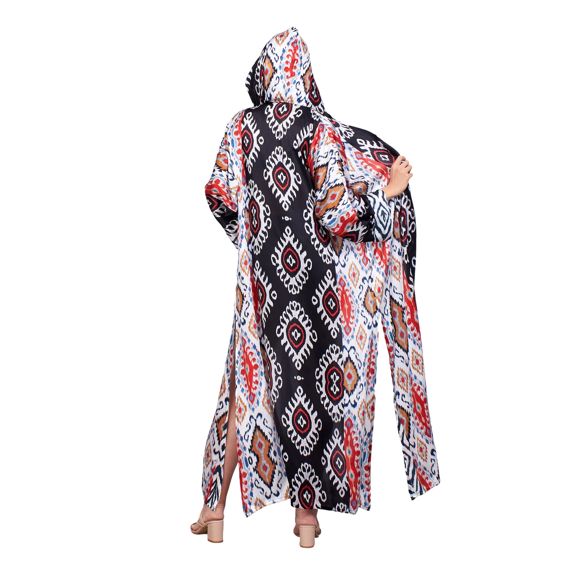 %100 İpek Kapüşonlu Kimono | Siyah İkat Desen 5 | Nomads Felt