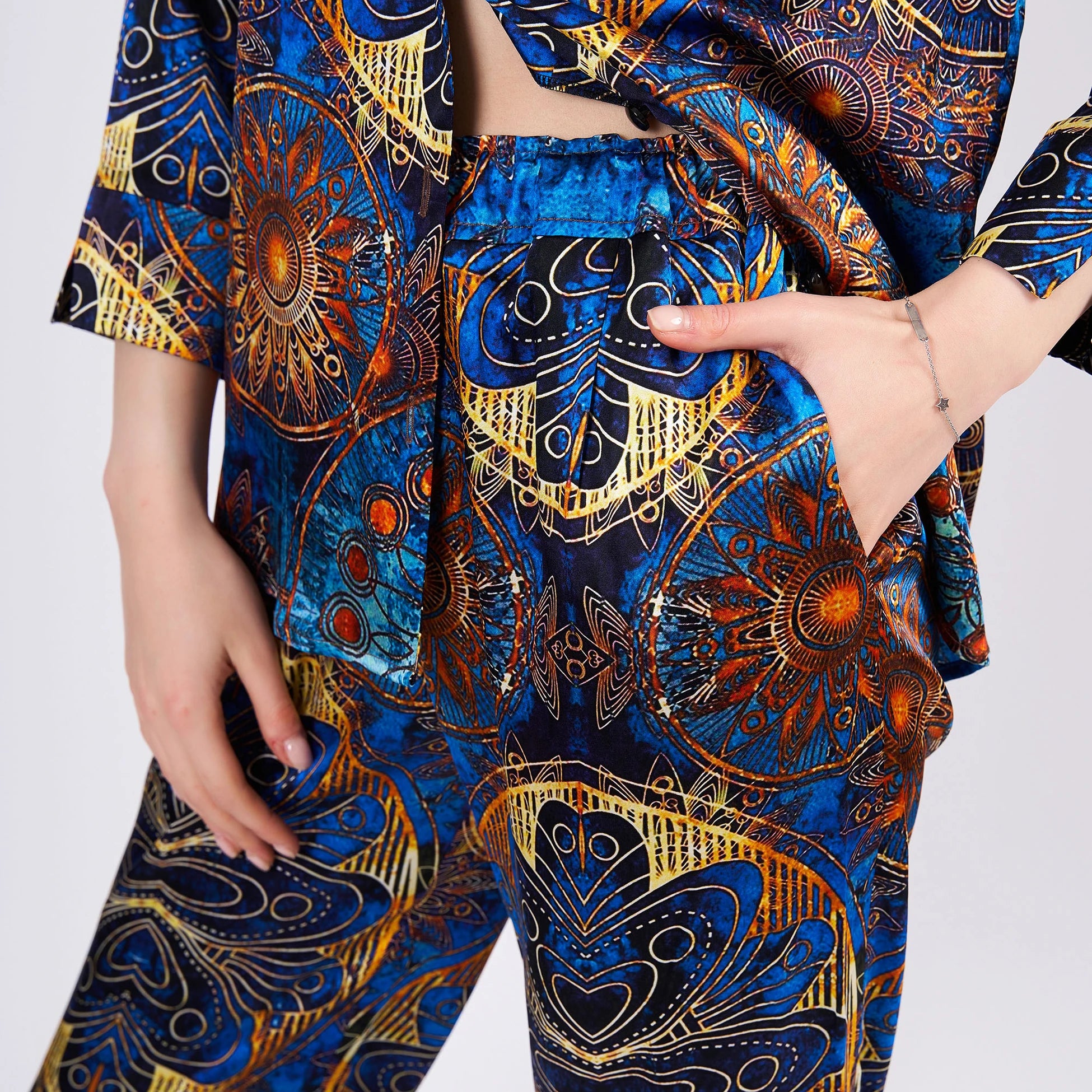 Saf İpek Gömlek-Pantolon-Pijama Takımı | Mandala Desen Mavi | Nomads Felt