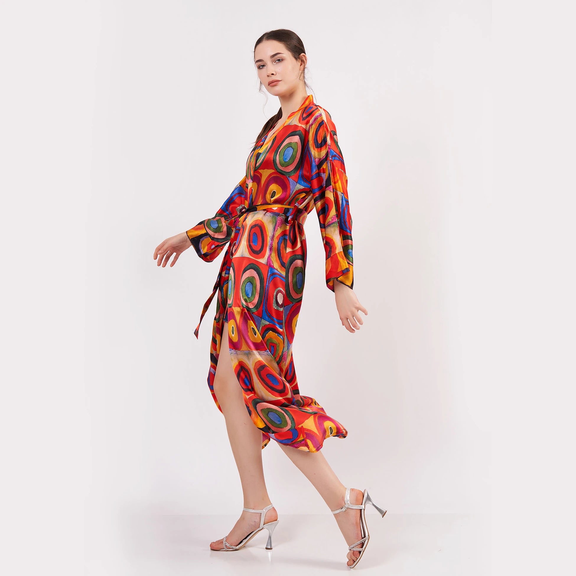 %100 İpek Uzun Kimono Kaftan | Kandinsky Squares with Circles | Nomads Felt