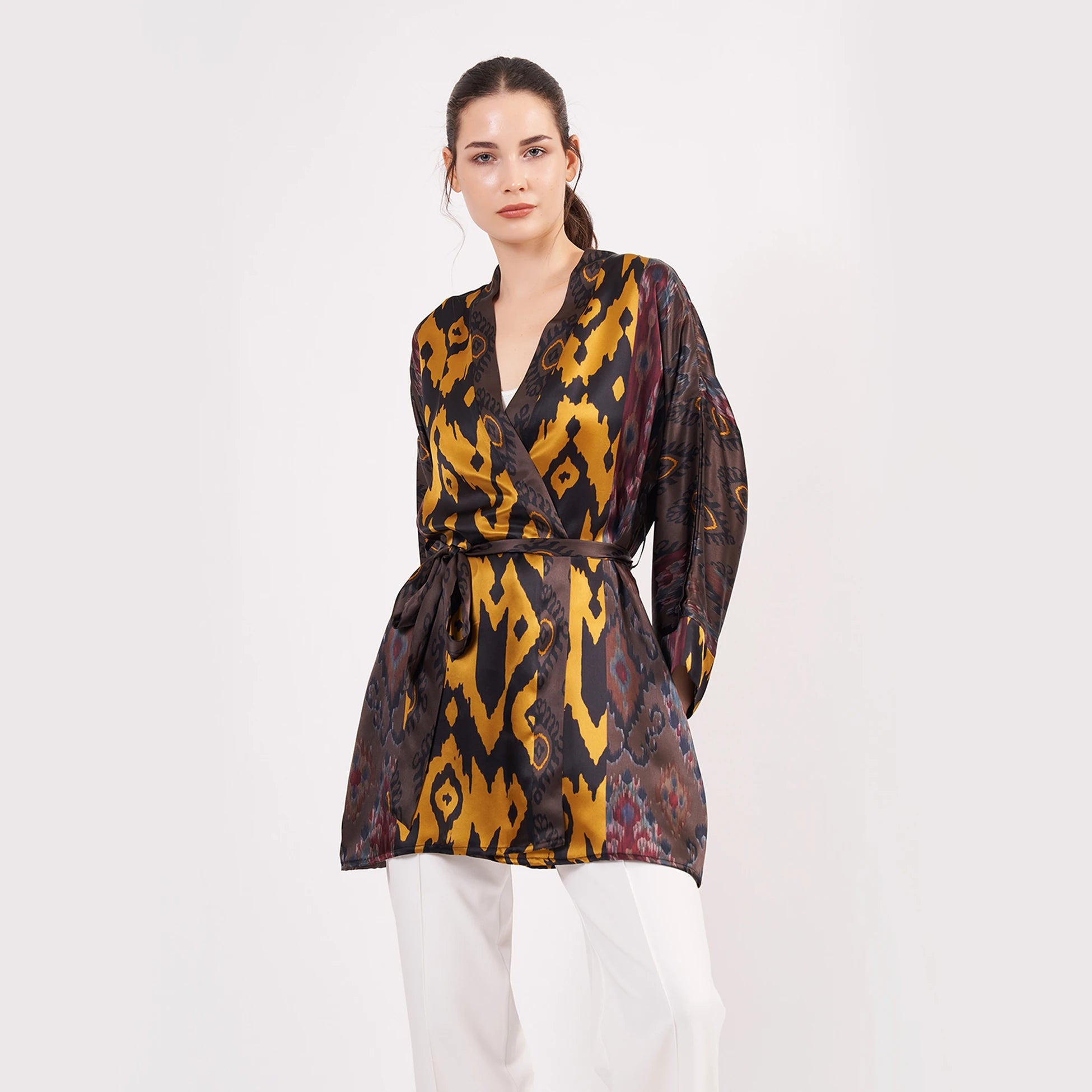 Saf İpek Kısa Kimono Kaftan | Ikat Desen 9 | Nomads Felt