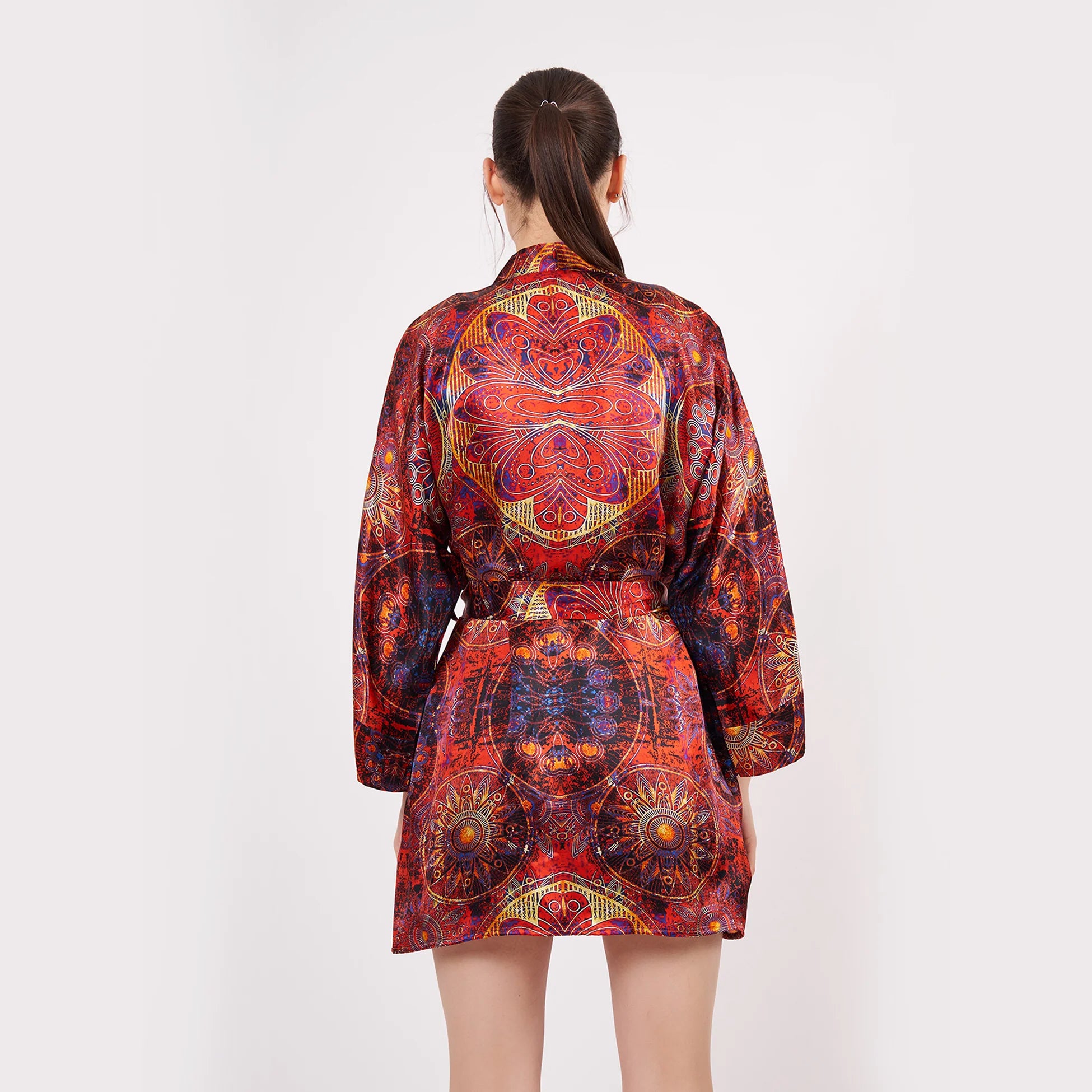 Saf İpek Kısa Kimono Kaftan | Mandala Desen Kırmızı | Nomads Felt
