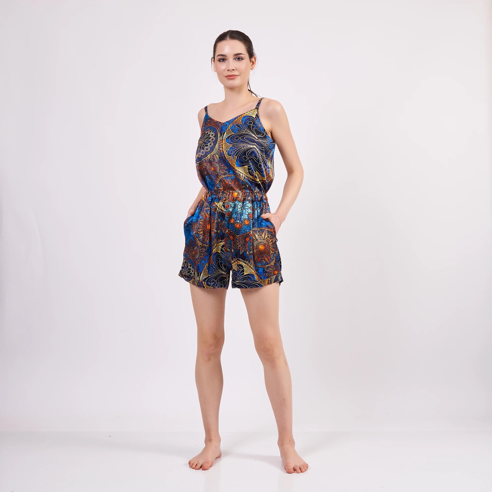 100% İpek Askılı Şort Pijama Takımı | Mandala Desen Mavi | Nomads Felt